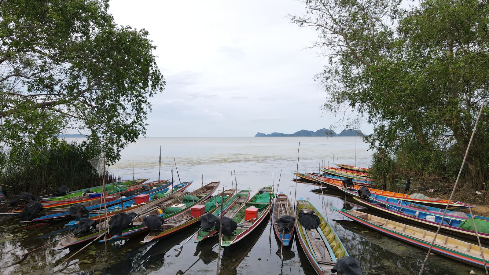 เรือหางยาวหลายลำจอดริมฝั่งทะเลสาบสงขลา-พัทลุง